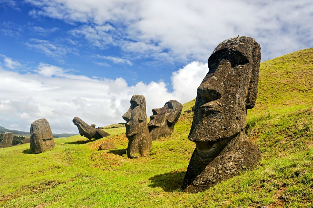 Moais in Rapa Nui National Park on the slopes of Rano Raruku volcano on Easter Island, Chile.