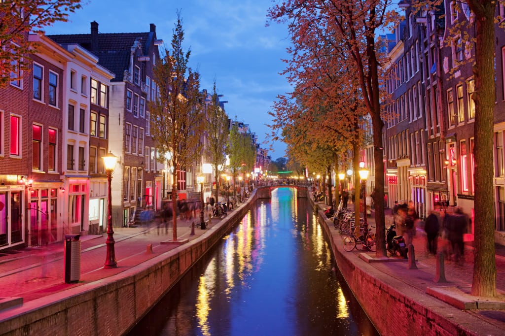 Amsterdam Red Light District area in the city centre at dusk, North Holland, the Netherlands.