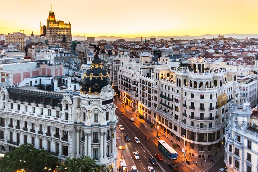 Panoramic aerial view of Gran Via, main shopping street in Madrid, capital of Spain, Europe.